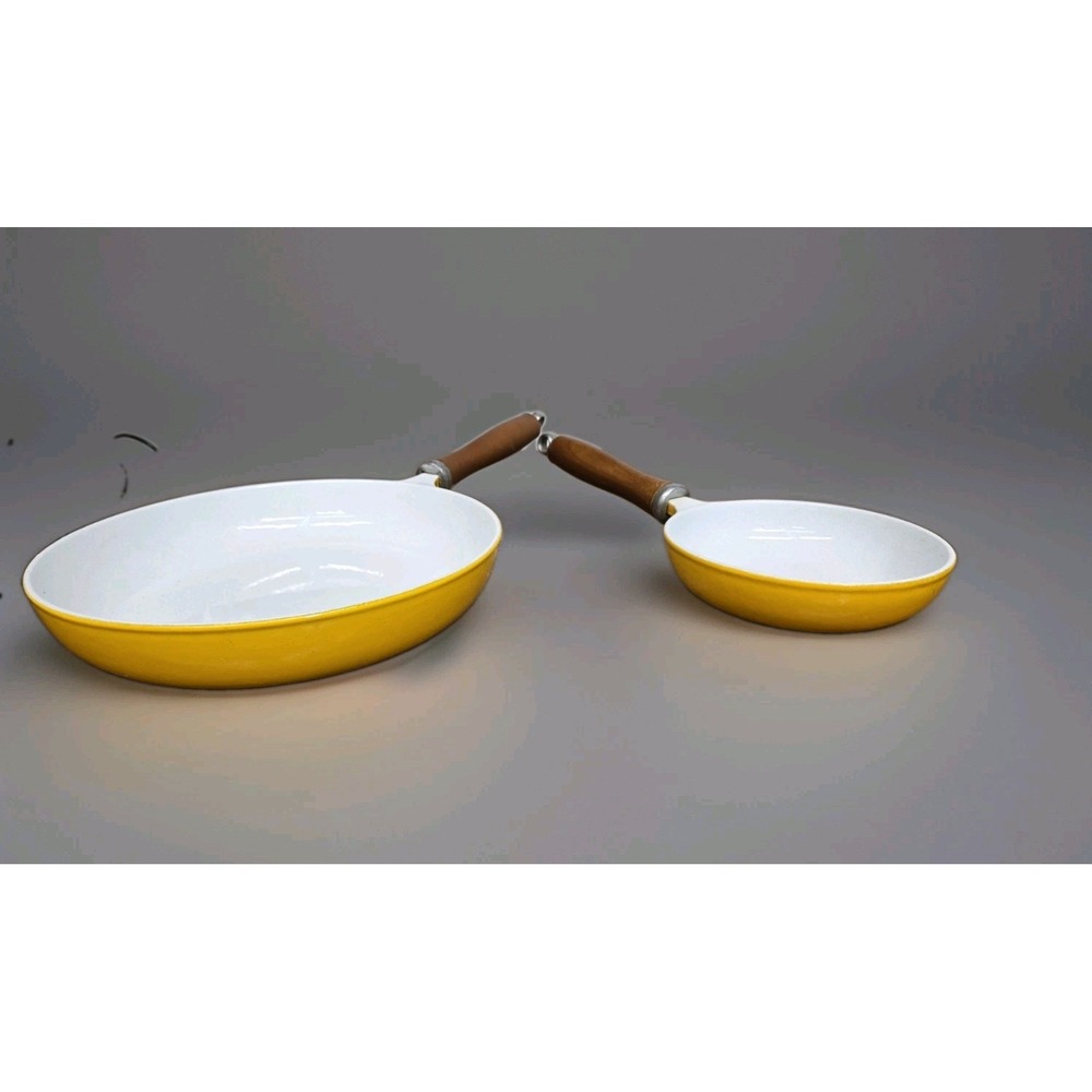 Vintage Finesse Yellow Enamel Skillet Frying Pan Set 10" & 6" Wood Handles MCM